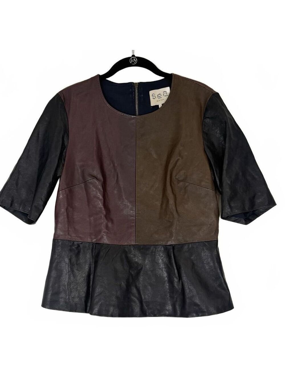 Sea New York Leather Colorblock Peplum Top Burgundy, Brown & Navy Size 6